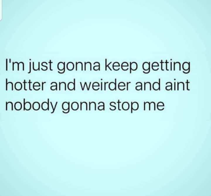 The meme features a quote that reads, "I'm just gonna keep getting hotter and weirder and nobody's gonna stop me." The text is presented in a simple, black font against a light blue background, creating a clean and modern aesthetic. The quote itself is a tongue-in-cheek expression of confidence and self-acceptance, suggesting that the speaker is embracing their own unique qualities and won't let anyone else's opinions or attempts to change them. The use of all-caps for the last few words adds a touch of playfulness and emphasis to the statement. Overall, the meme's design and message aim to inspire a sense of self-acceptance and individuality.